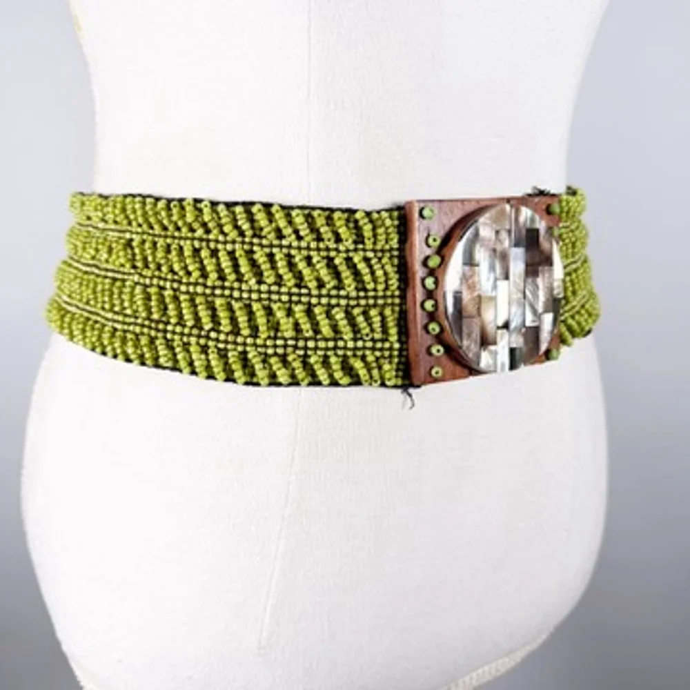 Statement Beaded Lime Green Wide Belt Wood & Mosaic Inlay Buckle Boho Size OS - Picture 7 of 9